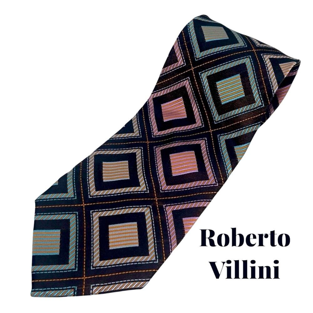 Roberto Villini Black Teal Orange Geometric Pure Silk Necktie